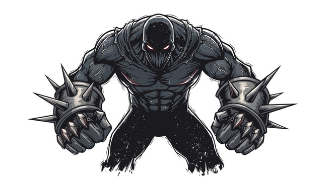 Muscular monster with spiked gauntlets and glowing red eyes, pixel art
