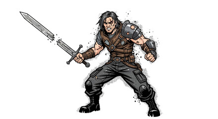 Obraz premium Warrior with broken sword, aggressive stance, fantasy illustration