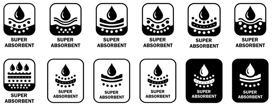 Super absorbent labels featuring droplet symbols for high moisture control, hygiene, and liquid retention. Ideal for packaging, medical, industrial, and product marking applications. vector icons