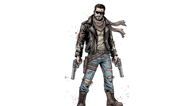 Tough man with guns, leather jacket, ripped jeans, post-apocalyptic style