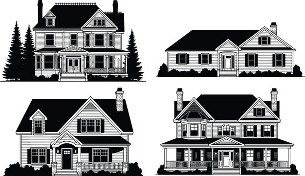 Vector, illustration, of, a, collection, of, four, different, residential, house, silhouettes, including, suburban, 