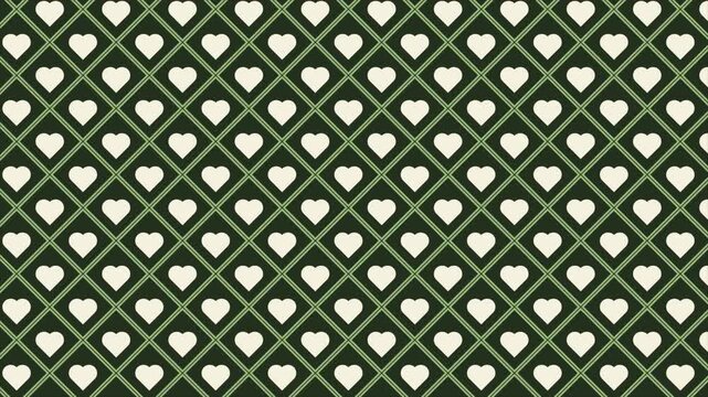 White Heart Repeating Pattern Dark Green Grid Design Elegant Wallpaper