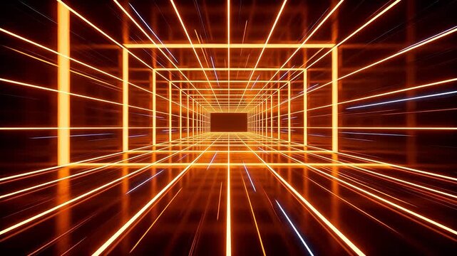 Digital orange light tunnel with grid lines in dark space
