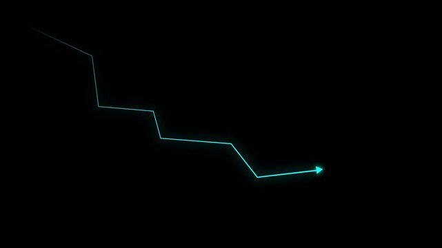 Glowing red neon downward graph with arrow indicating decline, loss, and negative trends on a dark, abstract background, perfect for conveying risk, crisis animation. ... 