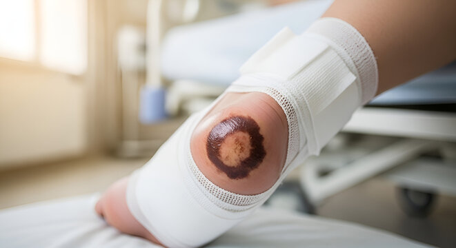 Close up of eschar wound on a bandaged heel in hospital setting