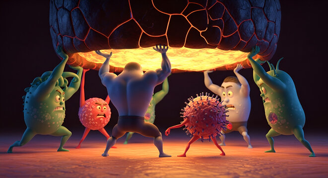 Microbe characters lifting a heavy glowing cracked eschar
