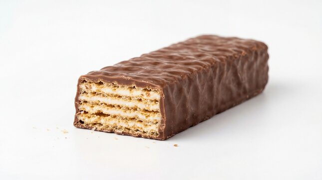 A single rectangular chocolate covered wafer bar with multiple crispy layers visible at the end