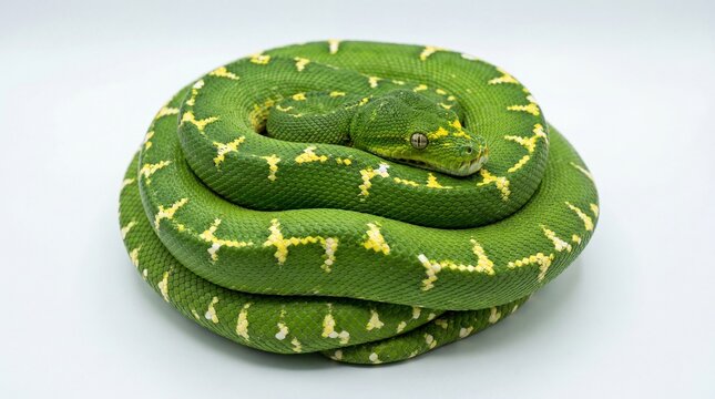 A vibrant green emerald tree boa coiled in a tight circle with distinctive yellow cross markings