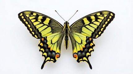 Fototapeta premium A vibrant yellow swallowtail butterfly with intricate black wing patterns and orange accents