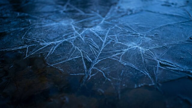 Frozen lake surface with cracked ice patterns at dusk