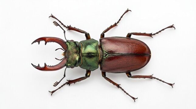 A detailed top view of a large stag beetle featuring metallic green thorax and brown wing covers