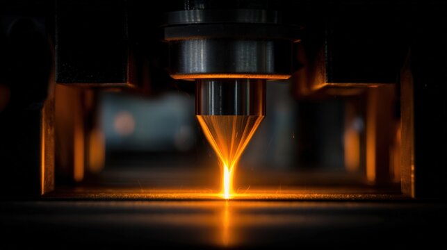 Laser melting metal powder creates molten pool, bright orange melt pool under precision nozzle, sparks and glow contrast dark background, close focus on molten bead and beam, industrial factory