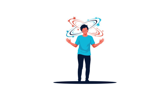 Man feeling dizzy and confused with spinning stars and colorful circles around his head on a white background.