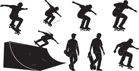 Skateboard Silhouette Set – Extreme Sport Action Vector Collection © RobiulIslam