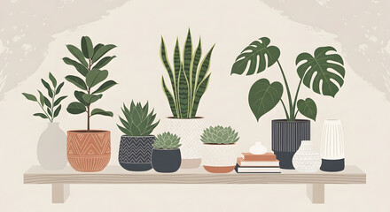 Fototapeta premium Modern Minimal Vector Illustration of Indoor Houseplants in Decorative Pots on Soft Beige Background