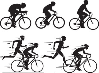 Obraz premium Set of cyclists silhouettes riding bicycles in different positions