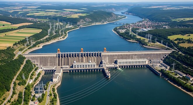 Aerial view of a large dam on a wide river