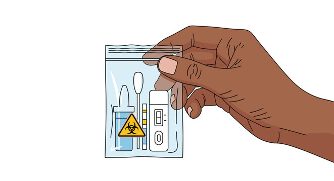Person of color holds a transparent plastic bag containing a medical self-test kit with a swab, dropper, and testing device.