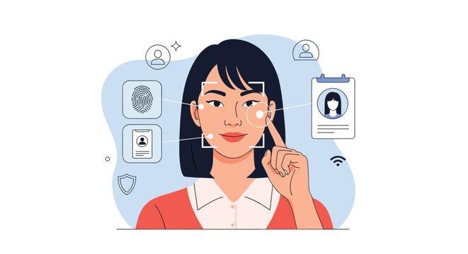 Young woman undergoes a facial recognition scan for identity verification with various digital security icons floating around her.