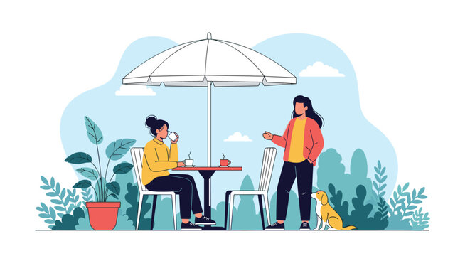 Two friends enjoy a conversation at an outdoor cafe table under a large umbrella with a small dog sitting nearby.