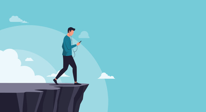 Distracted man continues to walk toward a dangerous cliff edge while completely absorbed in his smartphone and listening to music on earbuds.