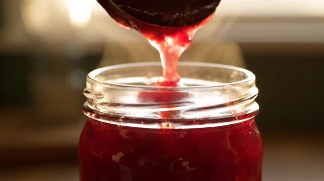 A close-up of jam being drizzled from a spoon into a jar.
