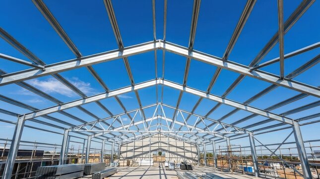 Steel frame structure under construction.