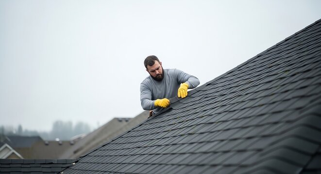 Roofer Installing New Dark Shingles on a Residential House Roof