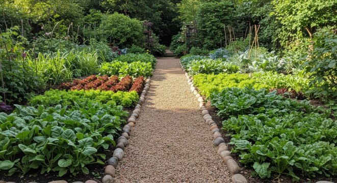 Neatly maintained vegetable plots with paths between beds full of colorful greens and vegetables.