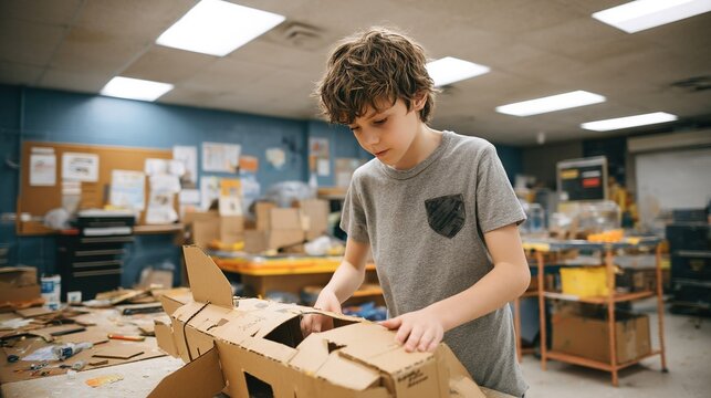 Young boy building a cardboard model airplane in a classroom workshop