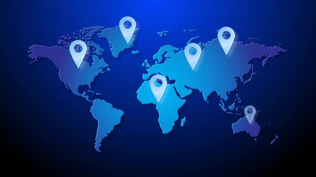 World map with animated pins for global distribution positions green screen background