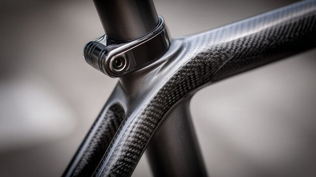 Carbon fiber bicycle frame closeup showing woven texture and matte finish, seat tube junction and clamp captured with shallow depth of field, soft studio lighting, precise engineering vibe, premium