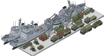 Isometric 3D illustration showing a military base with warships and army trucks arranged on a concrete platform, rendered in a clean vector style against a white background, useful © Eko
