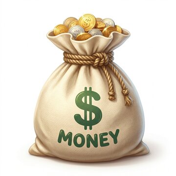 Large beige fabric sack filled with gold and silver coins representing a concept of wealth and successful financial investment growth