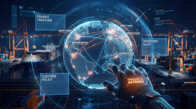 Futuristic Digital Interface Managing Global Logistics and Supply Chain Tracking