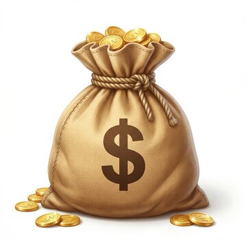 A full brown canvas money bag overflowing with shiny gold coins and a prominent dollar sign on its front, symbolizing wealth and financial prosperity.