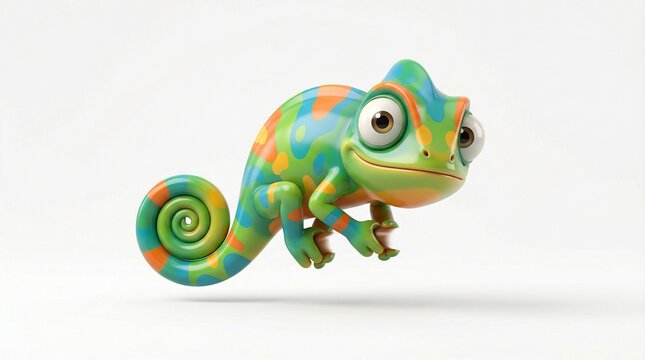 Charming and colorful 3D animated cartoon chameleon with big expressive eyes and a spiral tail looks directly forward.
