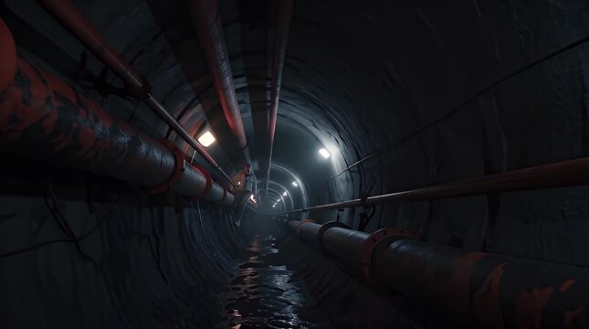 A perspective of a dark, narrow tunnel with rusted red pipes, square lights, and a damp, reflective surface. The ceiling and walls are dark and textured