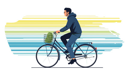 Fototapeta premium Man wearing a helmet and sunglasses casually rides a bicycle with a basket, set against a stylish abstract striped background.
