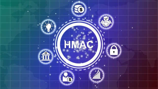 Central HMAC acronym surrounded by circular representing business concepts like global reach, personnel, finance, operations, documentation, innovation, and growth on a dark blue grid background