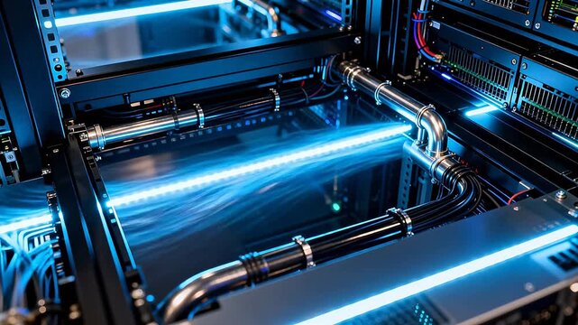 Server cabinet interior illuminated by blue light
