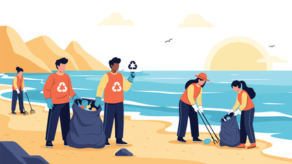 Fototapeta premium Dedicated group of environmental volunteers actively participates in a beach cleanup, collecting trash and plastic waste to protect marine life.