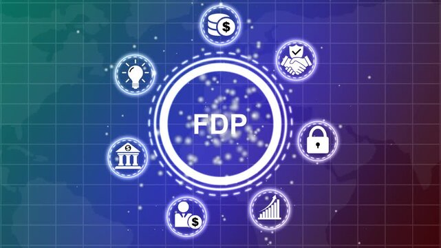 Digital infographic with central FDP acronym surrounded by circular representing business concepts like goals, people, money, and ideas on a dark blue grid background