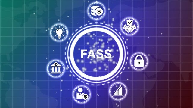 Central circle FAS with surrounding representing global connections business growth financial success and innovative ideas on a dark grid background