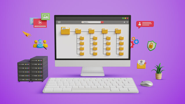 Systematic Data Storage. Folder Hierarchy Structure, Digital File Management. DMS, Document Management System. Saving Classified Files in Digital Concept. Folder Hierarchy on Computer. 3D Illustration