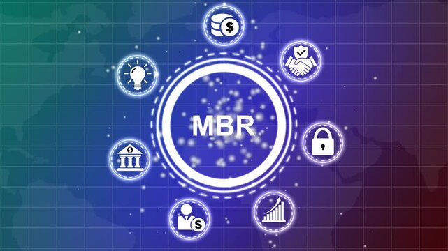 Abstract digital network with MBR acronym at the core, encircled by business and technology against a dark blue grid backdrop