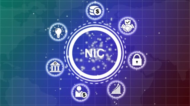 Central circular with NIC text surrounded by interconnected representing business concepts like finance, goals, and teamwork on a dark grid background