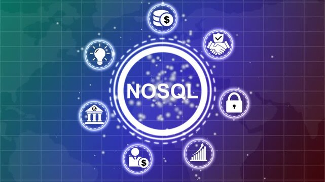 Digital No SQL concept with interconnected representing non-relational databases, business, finance, and technology solutions on a dark grid background