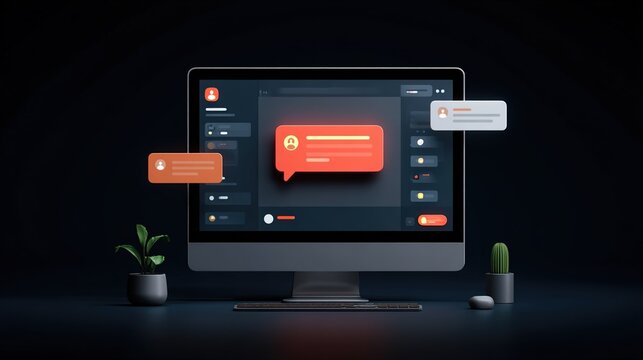 Modern desktop computer with 3d interface design and floating chat bubbles on a dark background