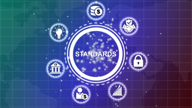 Digital concept of business standards and global compliance with interconnected representing finance people and goals